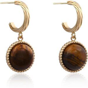 14K Gold-Plated Tiger Eye Dangle Hoop Earrings | Natural Stone Drop Earrings